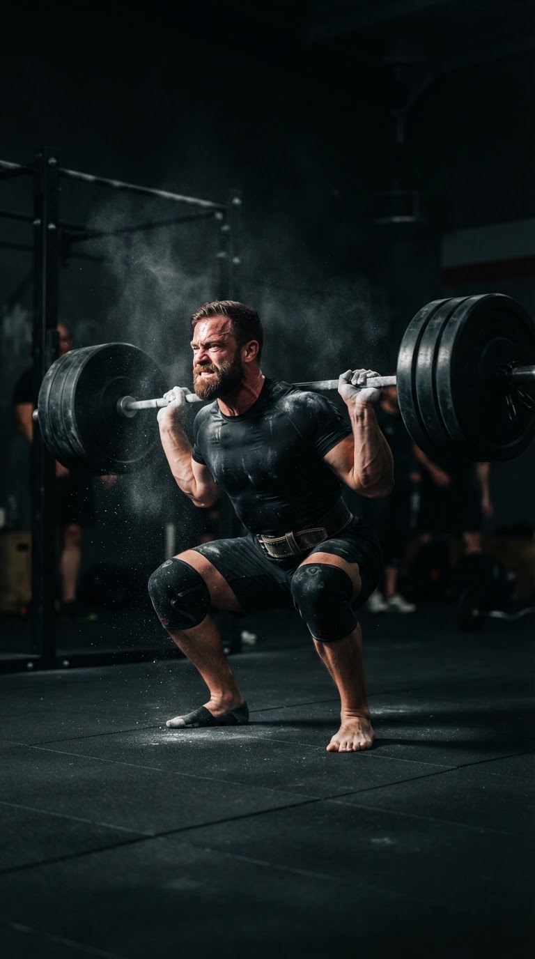 Athlete performing a heavy barbell squat in a dark gym