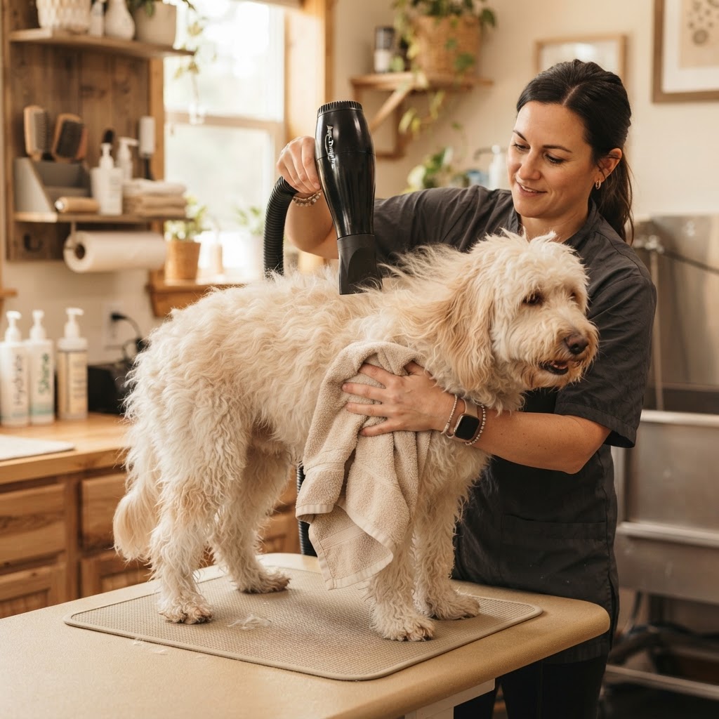 Dog being gently fluff-dried and brushed after a warm bath