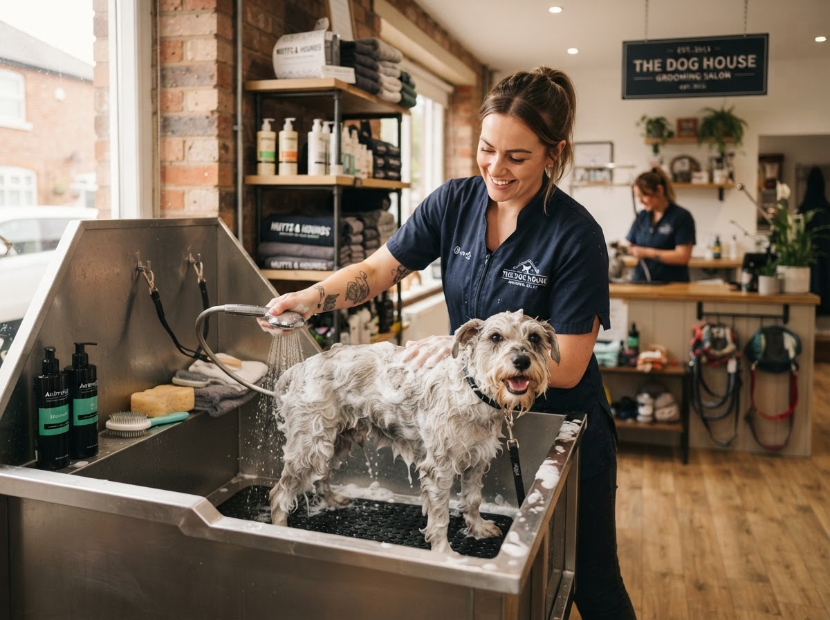 Groomer bathing a fluffy dog in warm water