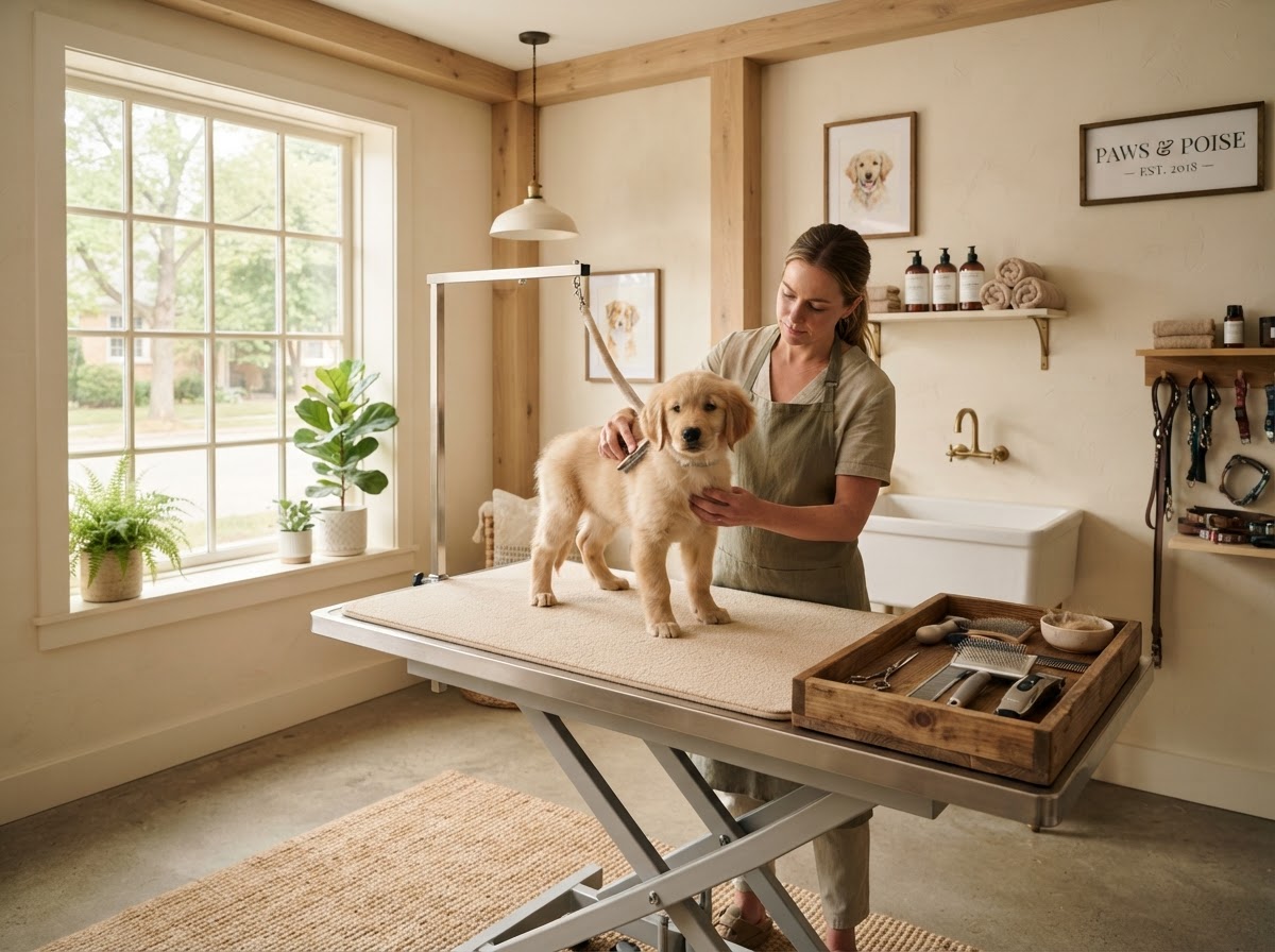 Clean grooming table with soft mat