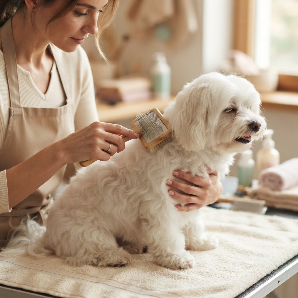Groomer gently brushing a dog's coat