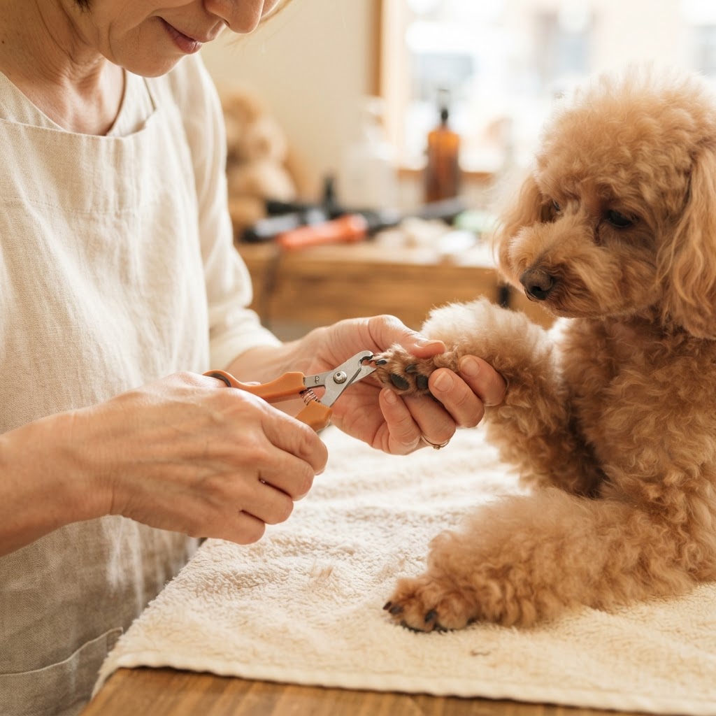 Groomer carefully trimming a dog's nails