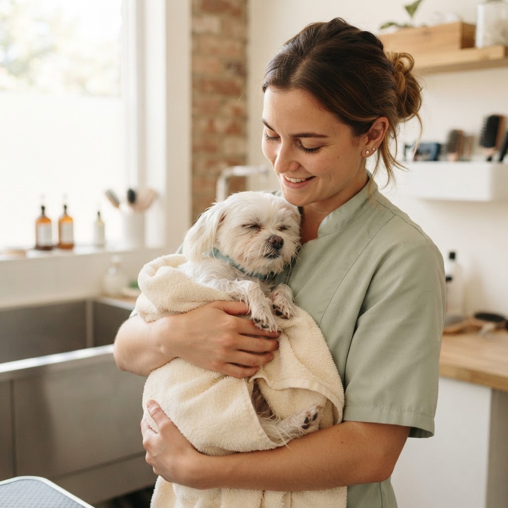 Small puppy wrapped in a towel during a calm first grooming visit