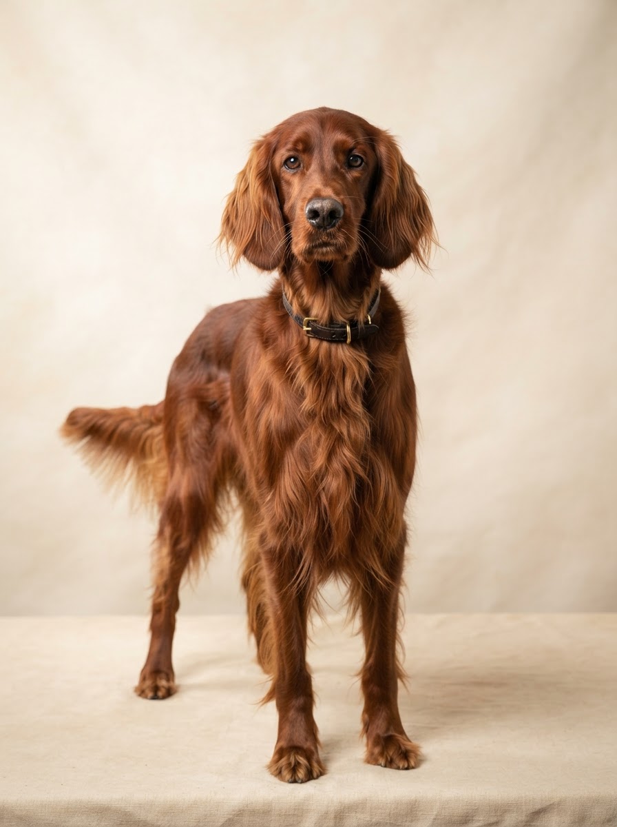 Beautifully groomed Irish setter with a freshly styled full coat