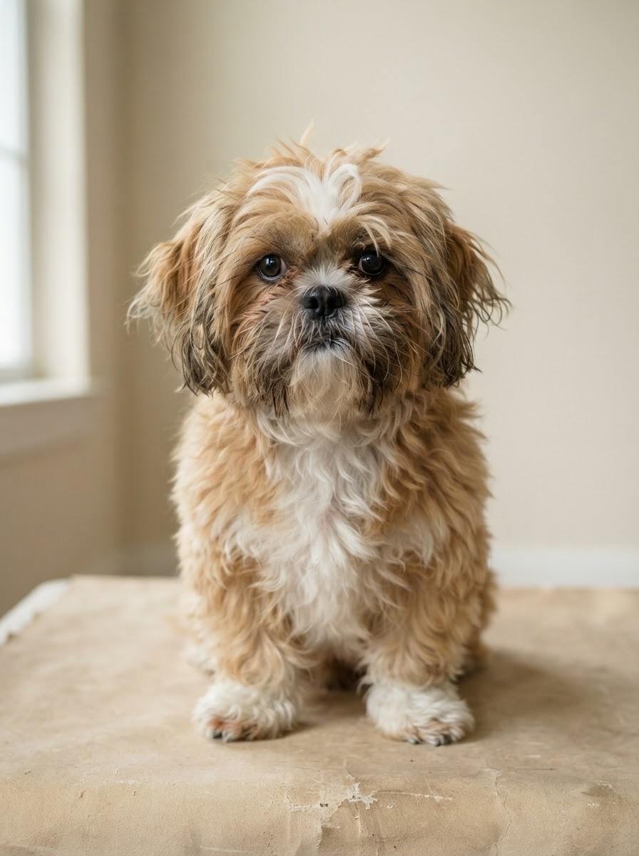 Biscuit, a Shih Tzu, before grooming