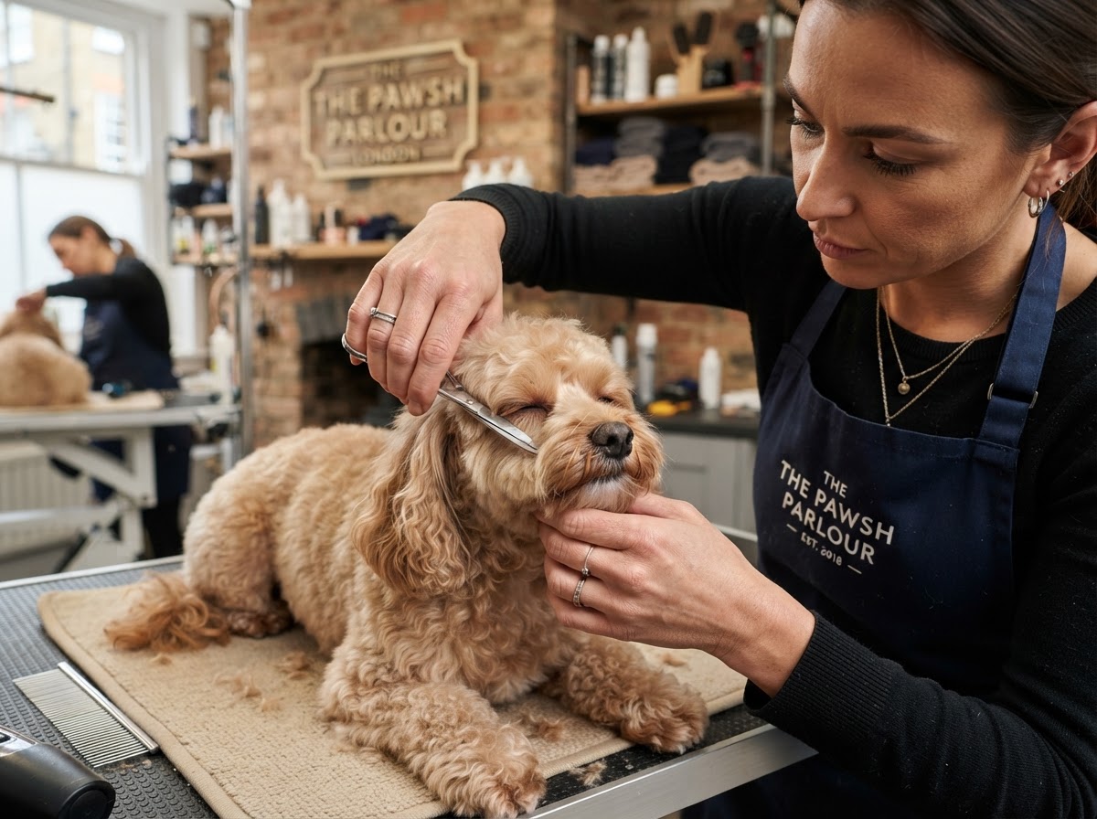 Groomer precision-trimming around a dog's eyes, ears and paws