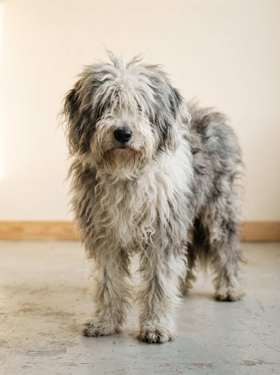 Bramble, a Old English Sheepdog, before grooming
