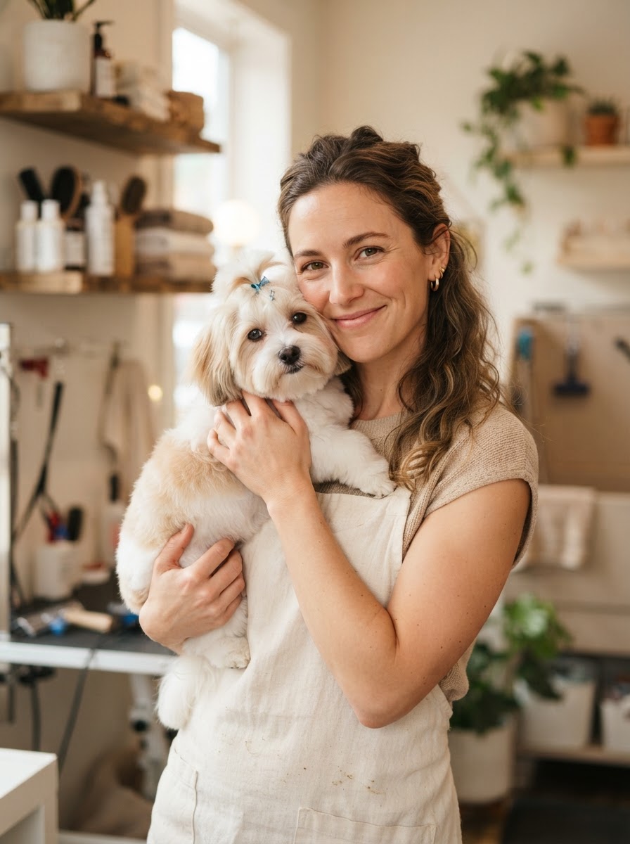 The groomer gently holding a small dog against her shoulder