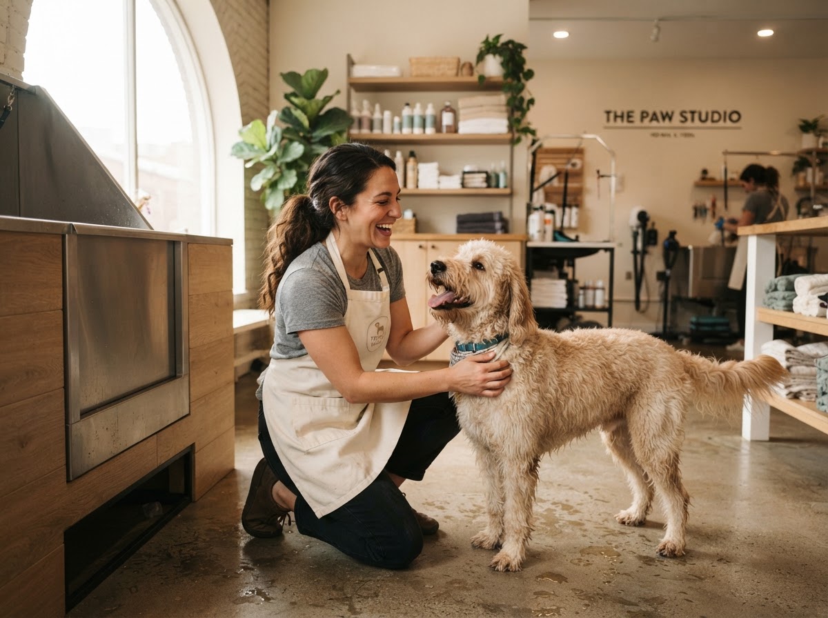Groomer kneeling beside a happy dog in the studio