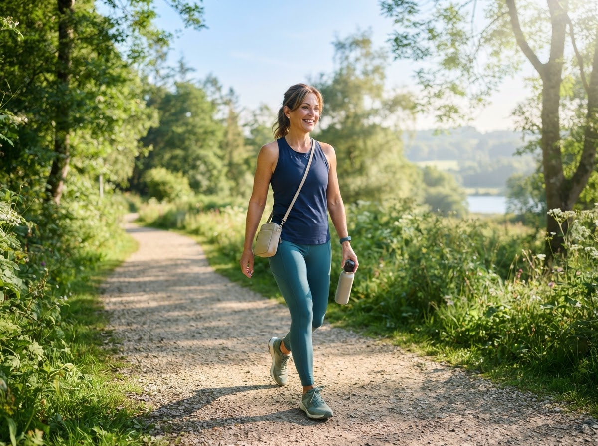A woman walking outdoors on a sunlit path, representing an active and sustainable lifestyle
