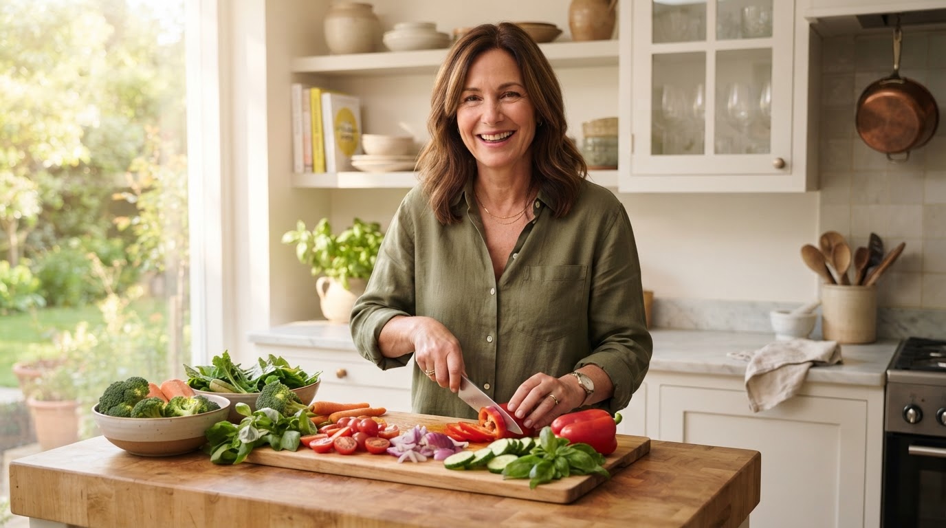 A confident woman preparing fresh vegetables in a bright kitchen, representing a sustainable healthy lifestyle