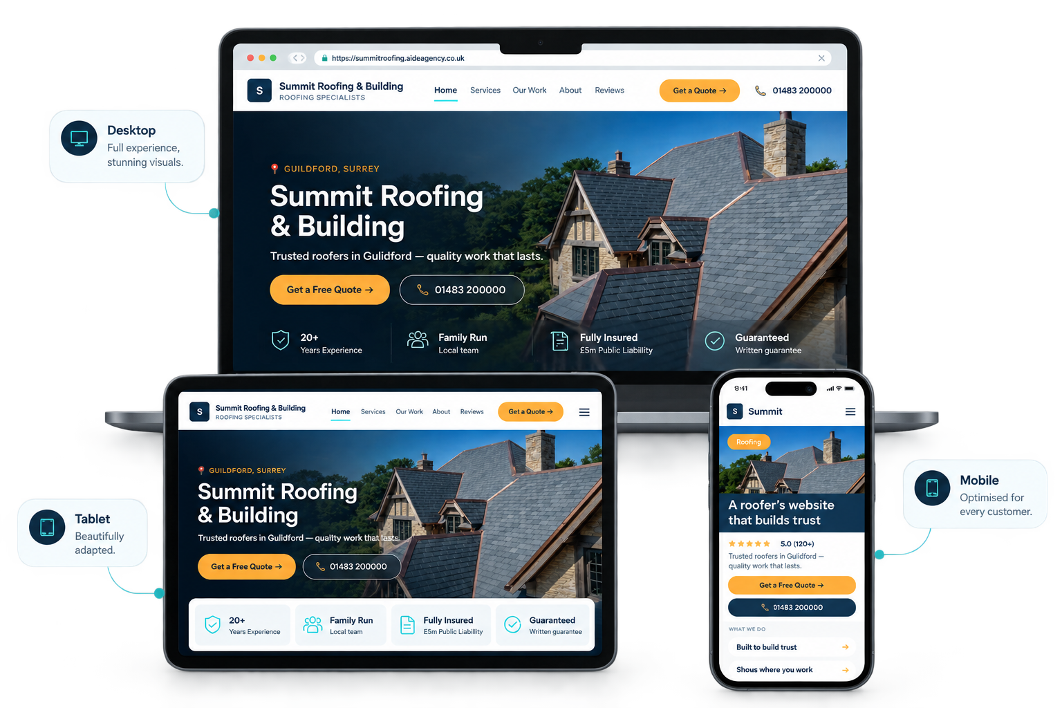 Summit Roofing showcased across desktop, tablet, and mobile