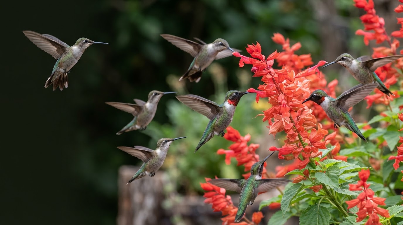 A swarm of hummingbirds in a feeding frenzy around one cluster of red salvia blooms
