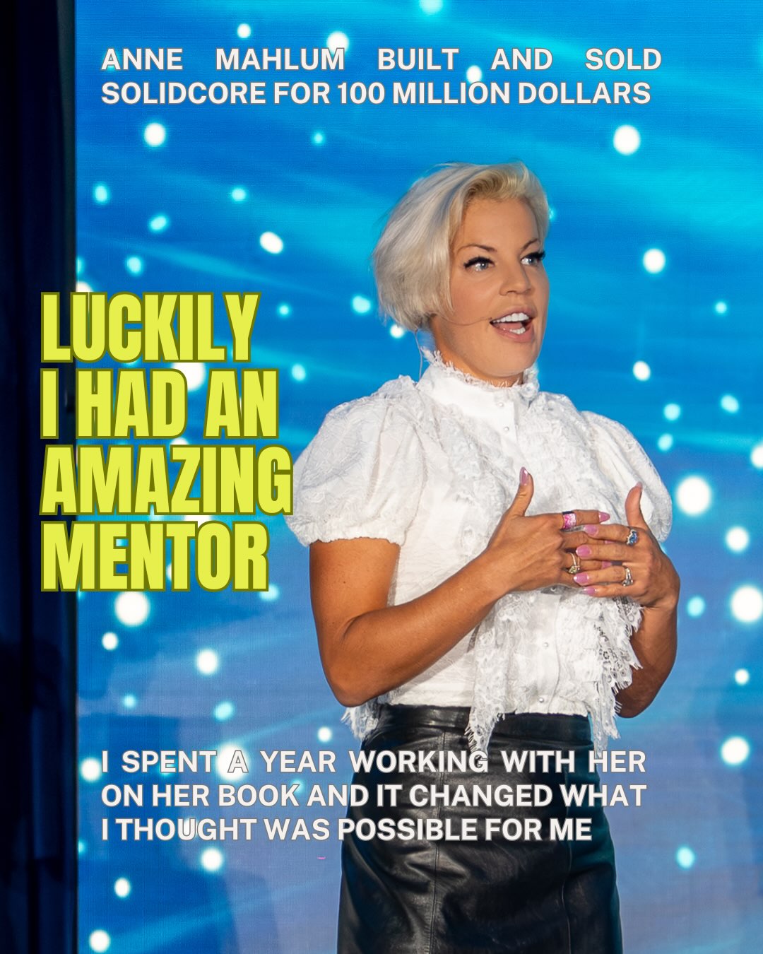 Anne Mahlum on stage — built and sold Solidcore, working with Dr. Gabrielle Pelicci on her book