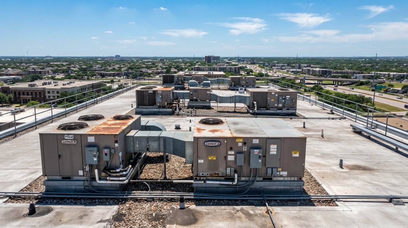 HVAC rooftop units on a commercial building in North Texas summer heat