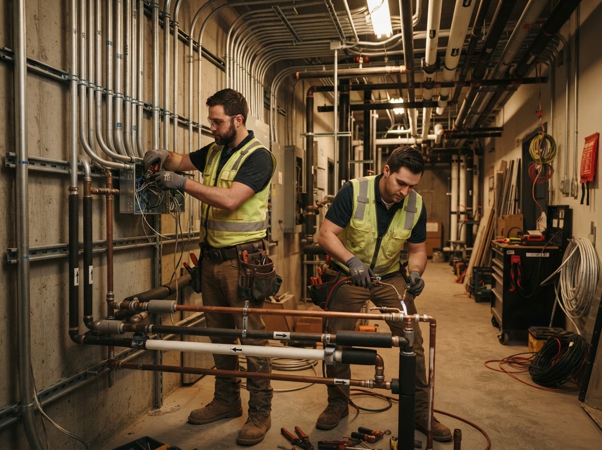 Electrician and plumber working on commercial building systems