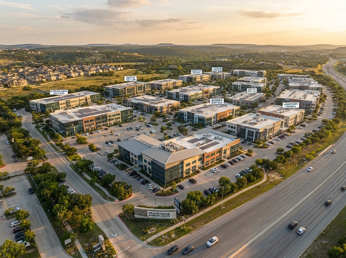 Multiple commercial buildings in a Texas business park, aerial view of a multi-site facility portfolio