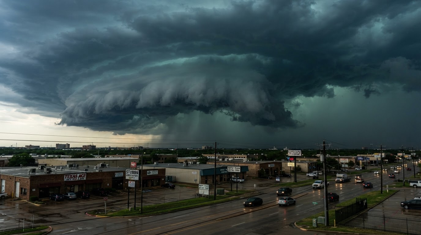 Severe thunderstorm clouds rolling over North Texas commercial buildings