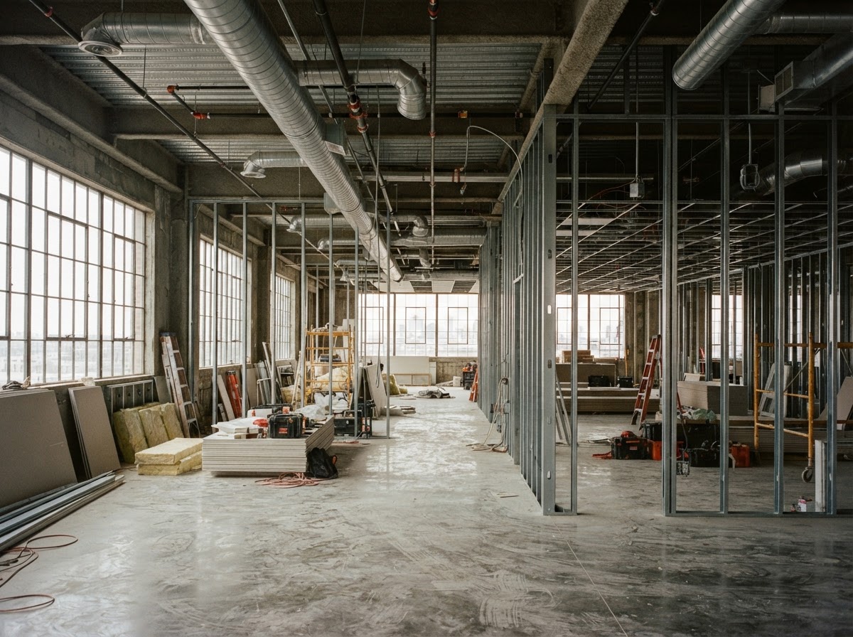 Commercial interior build-out in progress with exposed metal framing and ductwork