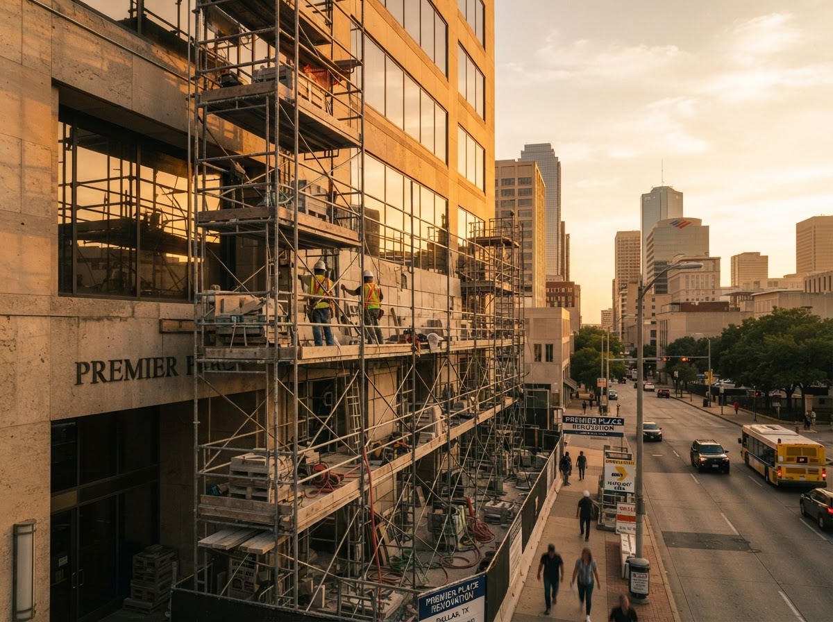 Commercial property exterior renovation in progress in Dallas
