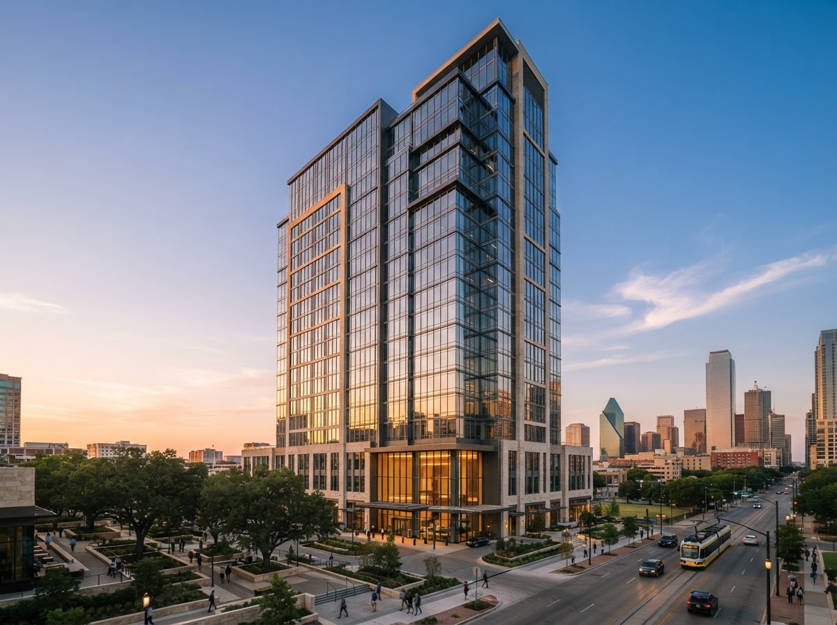 Commercial building exterior in Dallas at golden hour