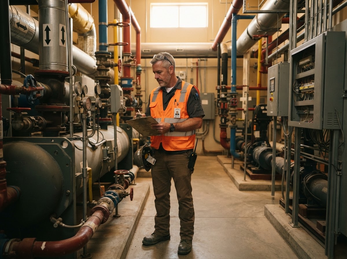 Facility maintenance technician inspecting a commercial mechanical room in a Dallas building