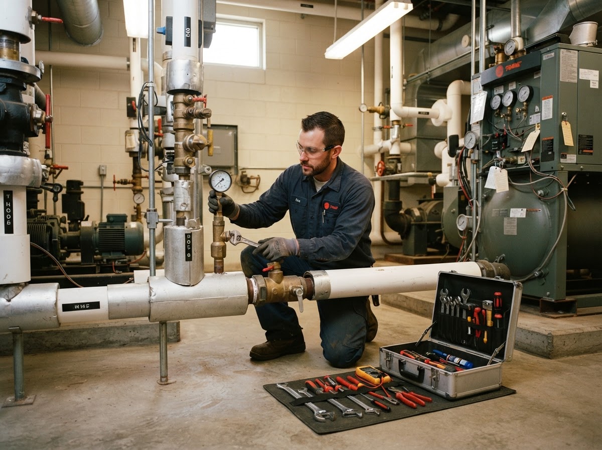 Technician servicing HVAC equipment in a commercial utility room in Dallas