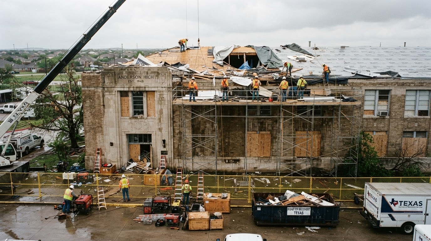 Commercial facility restoration crew working after severe weather