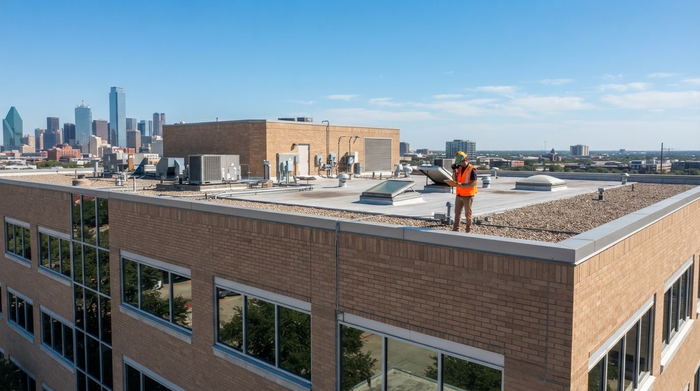 Commercial building envelope and roofline under inspection in Dallas