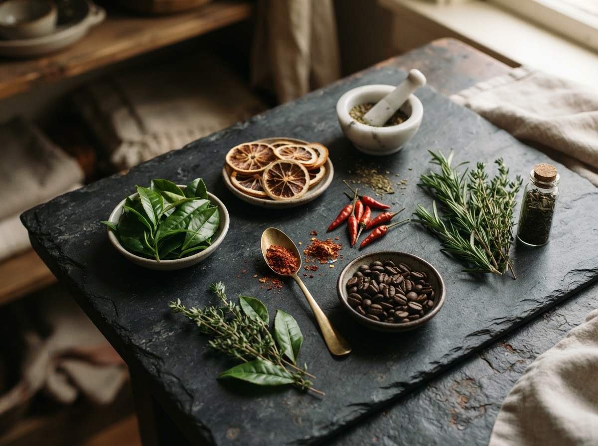 Natural supplement ingredients laid out on a dark surface