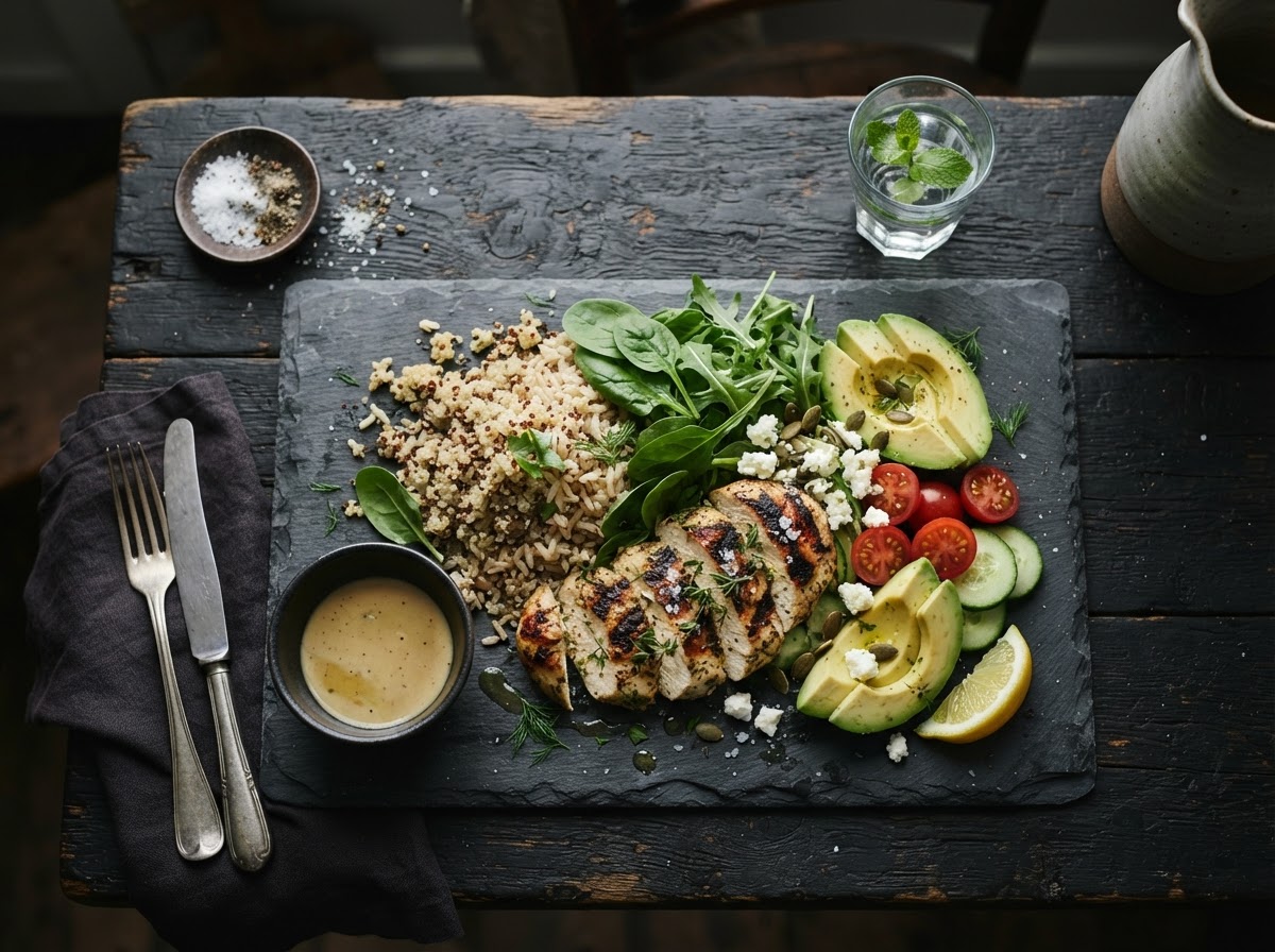 Protein-rich meal on a dark plate