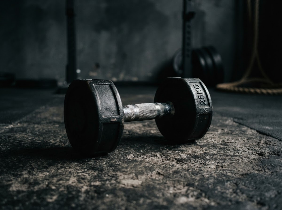A dumbbell on a dark textured surface