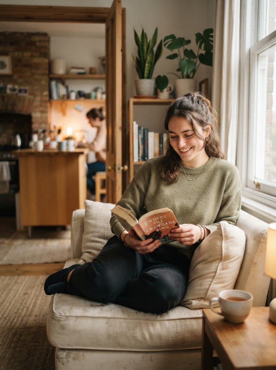 A young resident relaxing in a warm, comfortable shared home