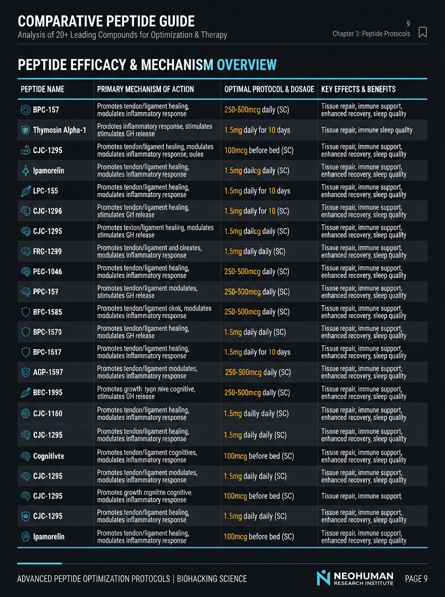 Página de la guía: tabla comparativa de 20+ péptidos