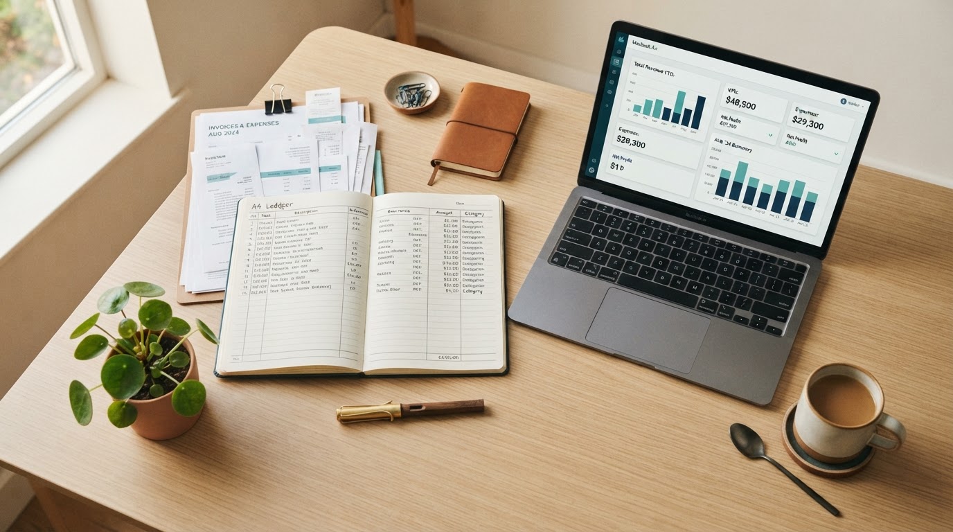 Organized bookkeeping workspace with invoices, a ledger, a laptop showing a financial summary, and a cup of coffee on a clean light-wood desk