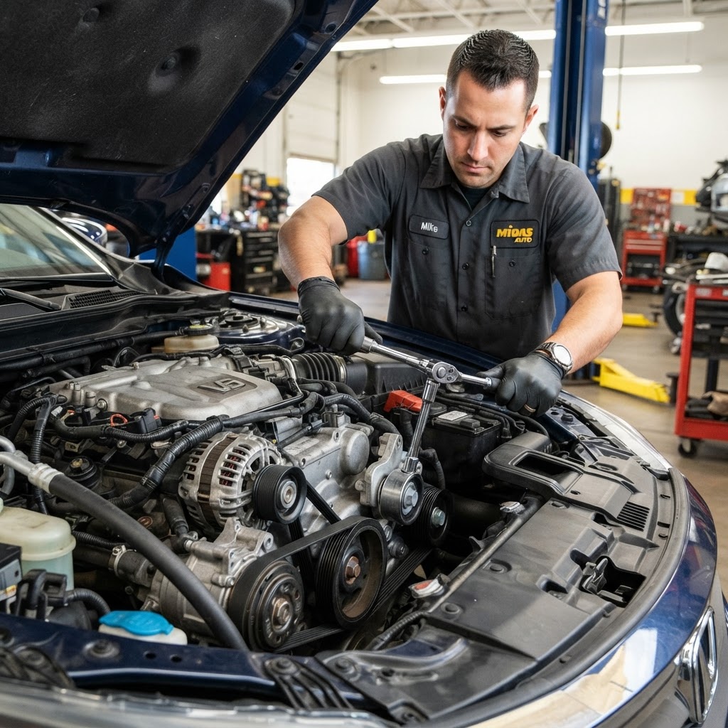 Mechanic replacing a serpentine belt on a car engine