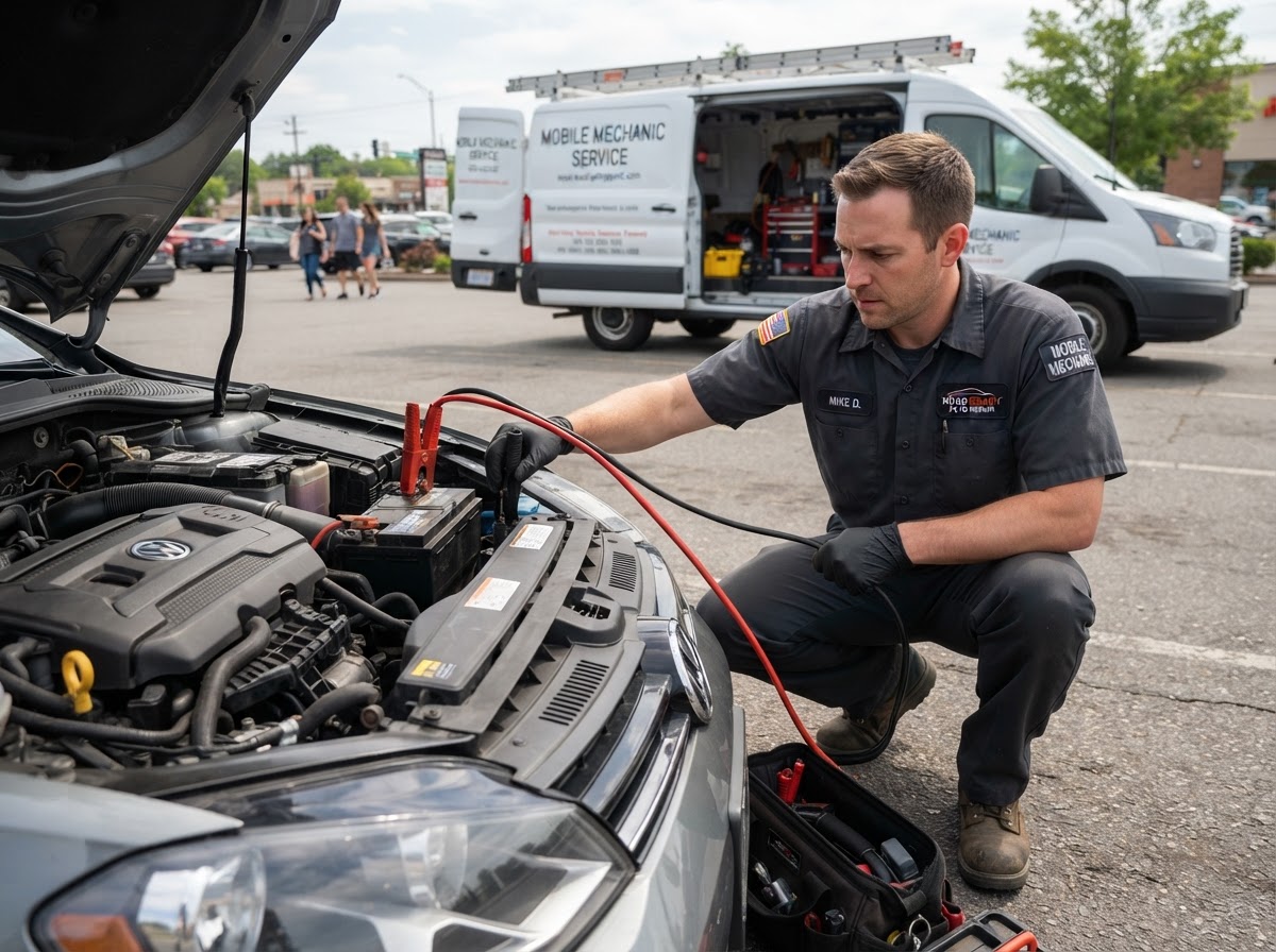 Mechanic performing a jump start and no-start diagnostic at a car