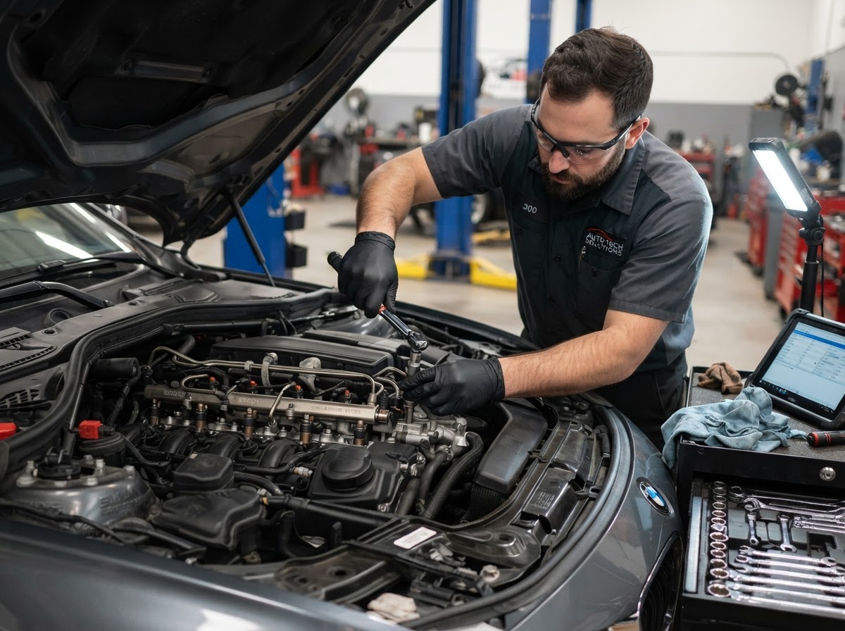 Mechanic servicing a car fuel injector and fuel filter