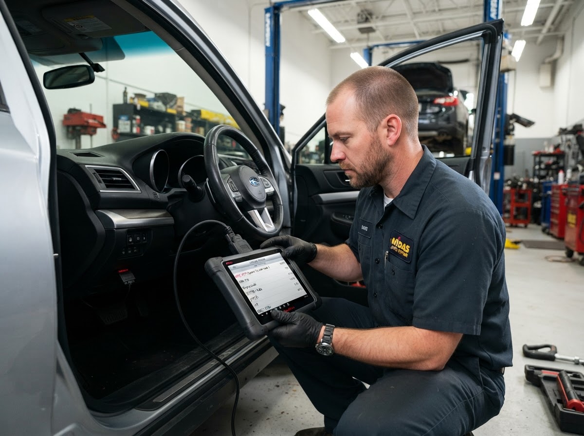 Mechanic using an OBD-II diagnostic scanner plugged into a car dashboard