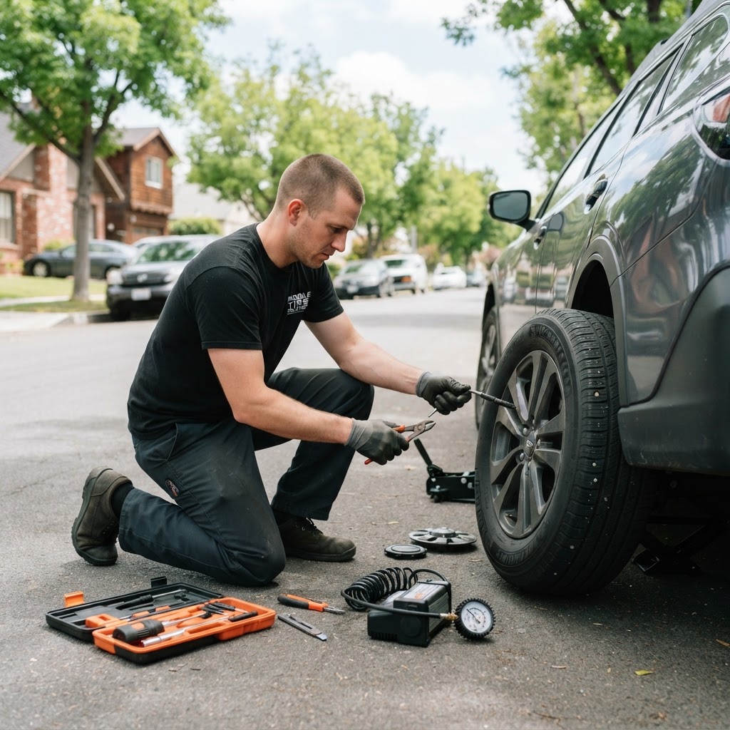 Mechanic repairing a flat tire on a car wheel with a plug kit