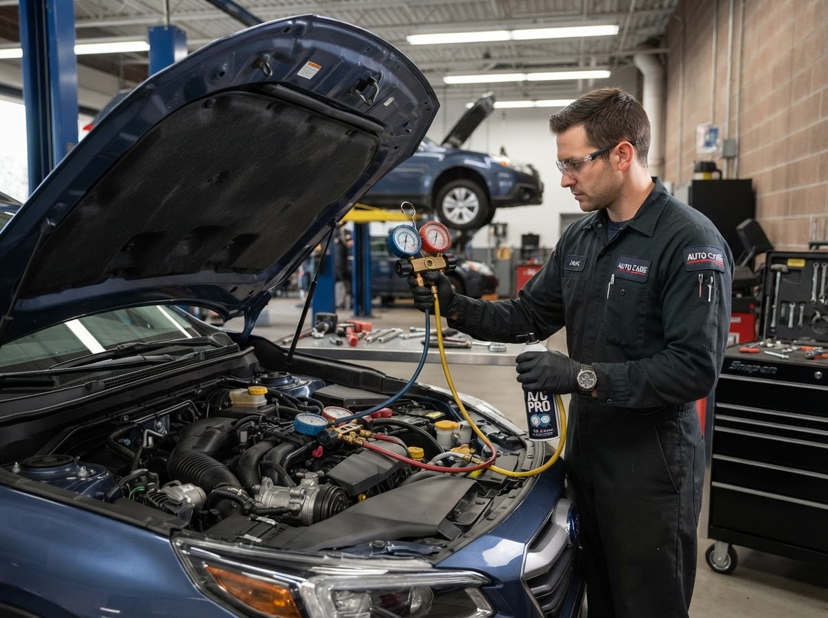 Mechanic recharging a car air conditioning system with a manifold gauge set