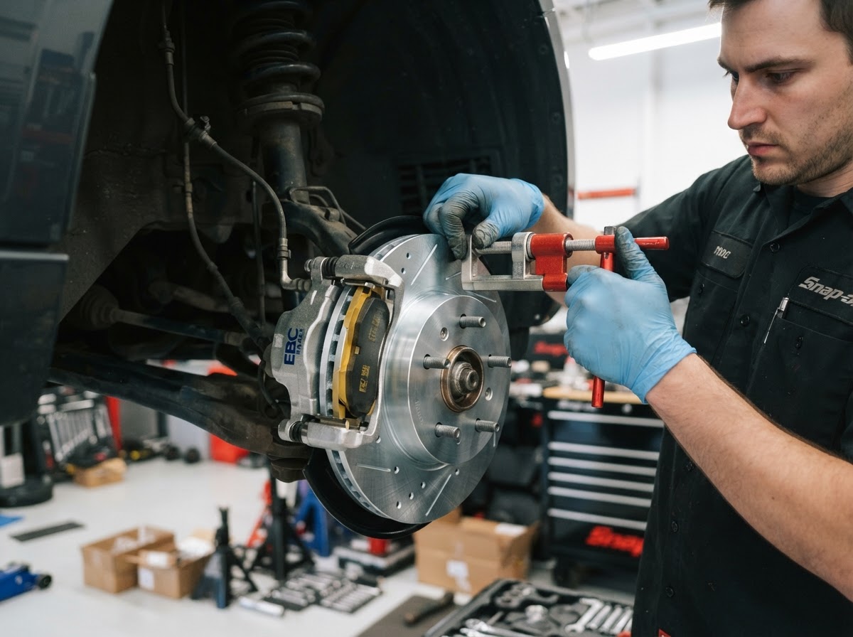 Mechanic installing new brake pads and rotors on a car wheel hub