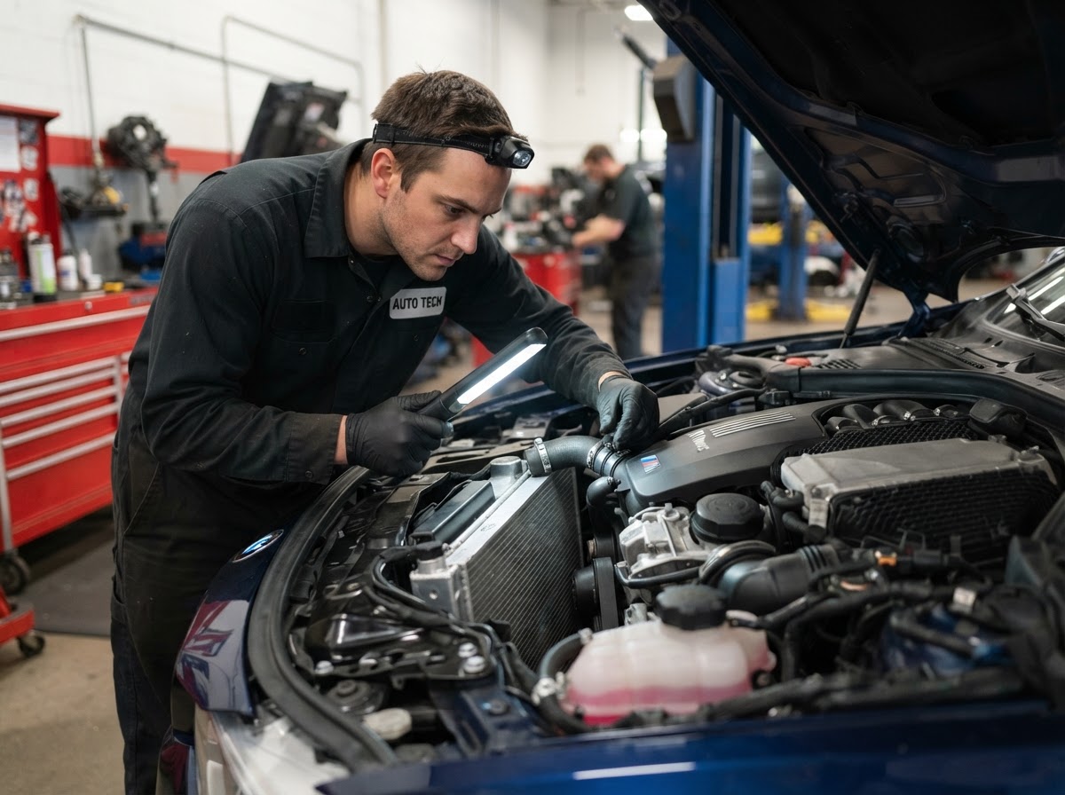 Mechanic flushing a car cooling system and inspecting radiator hoses