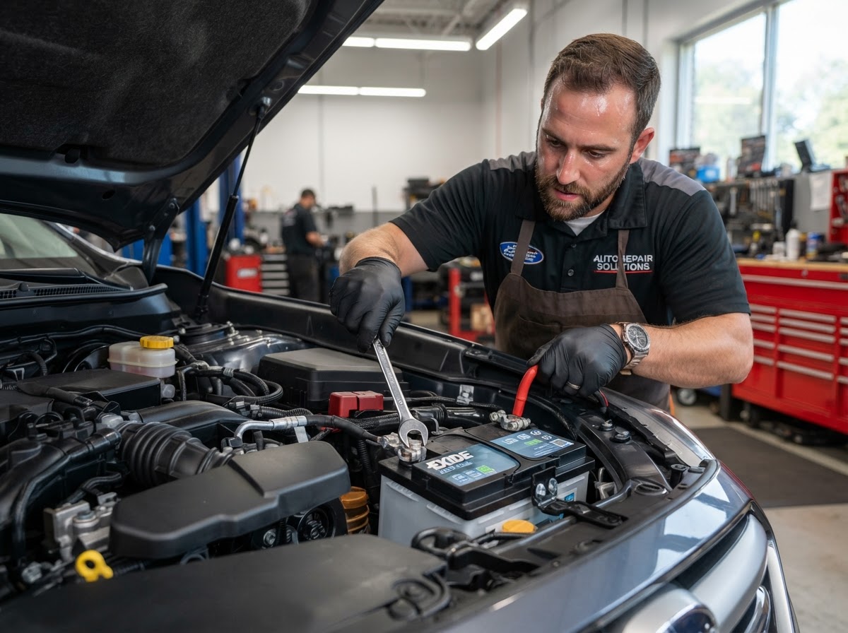 Mechanic installing a new car battery under the hood