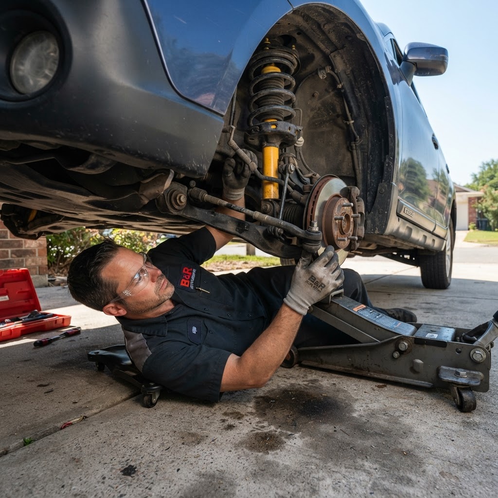 Mechanic inspecting a car suspension shock absorber and tie rod