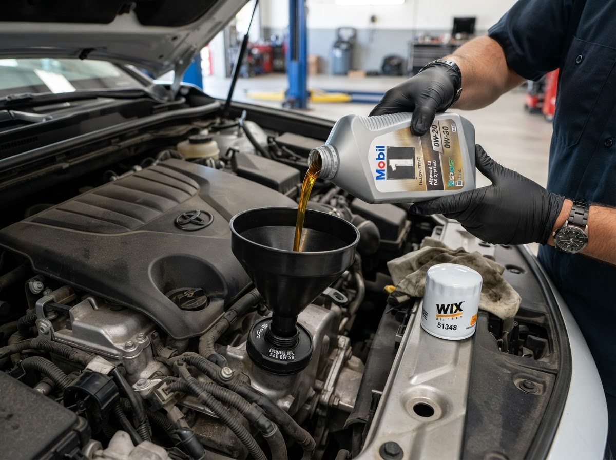 Mechanic pouring fresh synthetic motor oil into a car engine