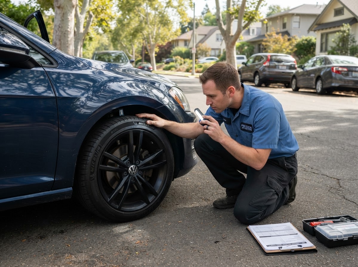 Mechanic performing a pre-purchase vehicle inspection with a flashlight