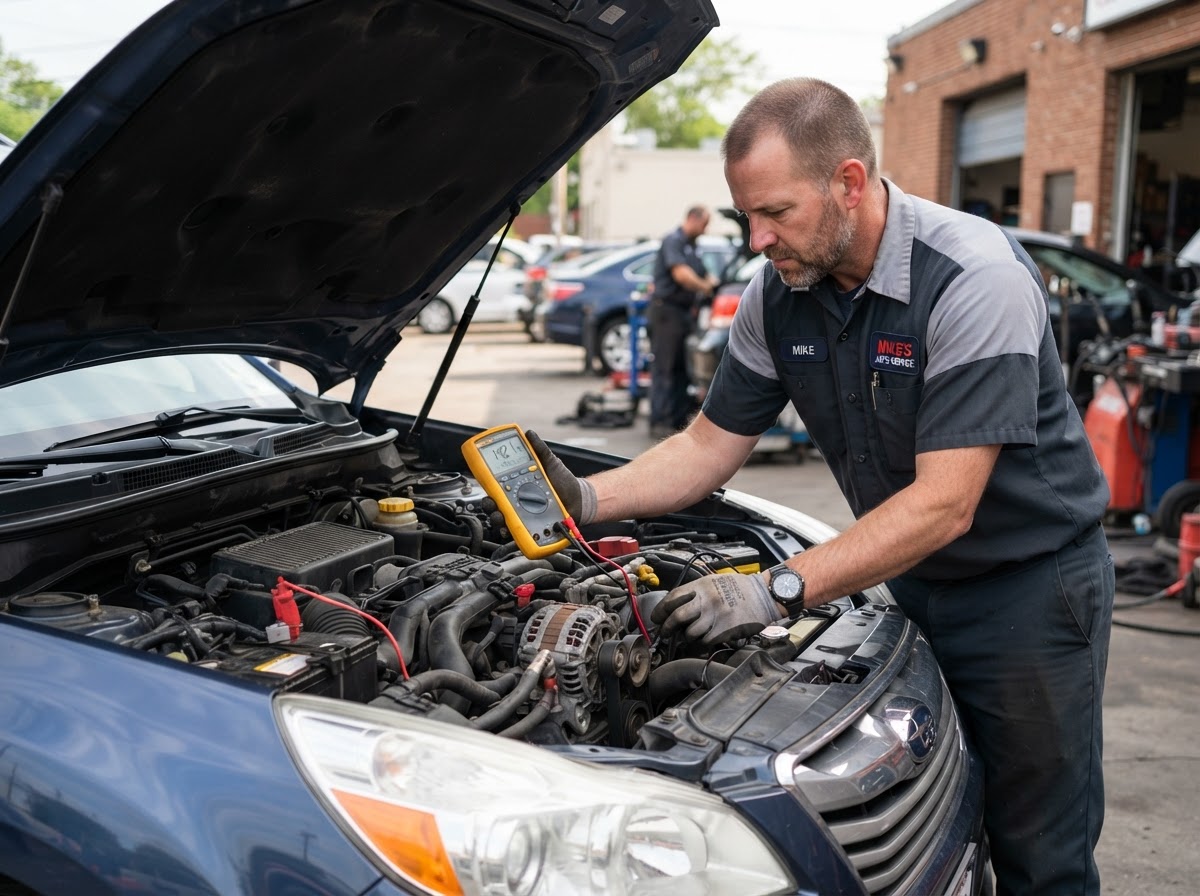 Mechanic testing a car alternator and starter with diagnostic equipment