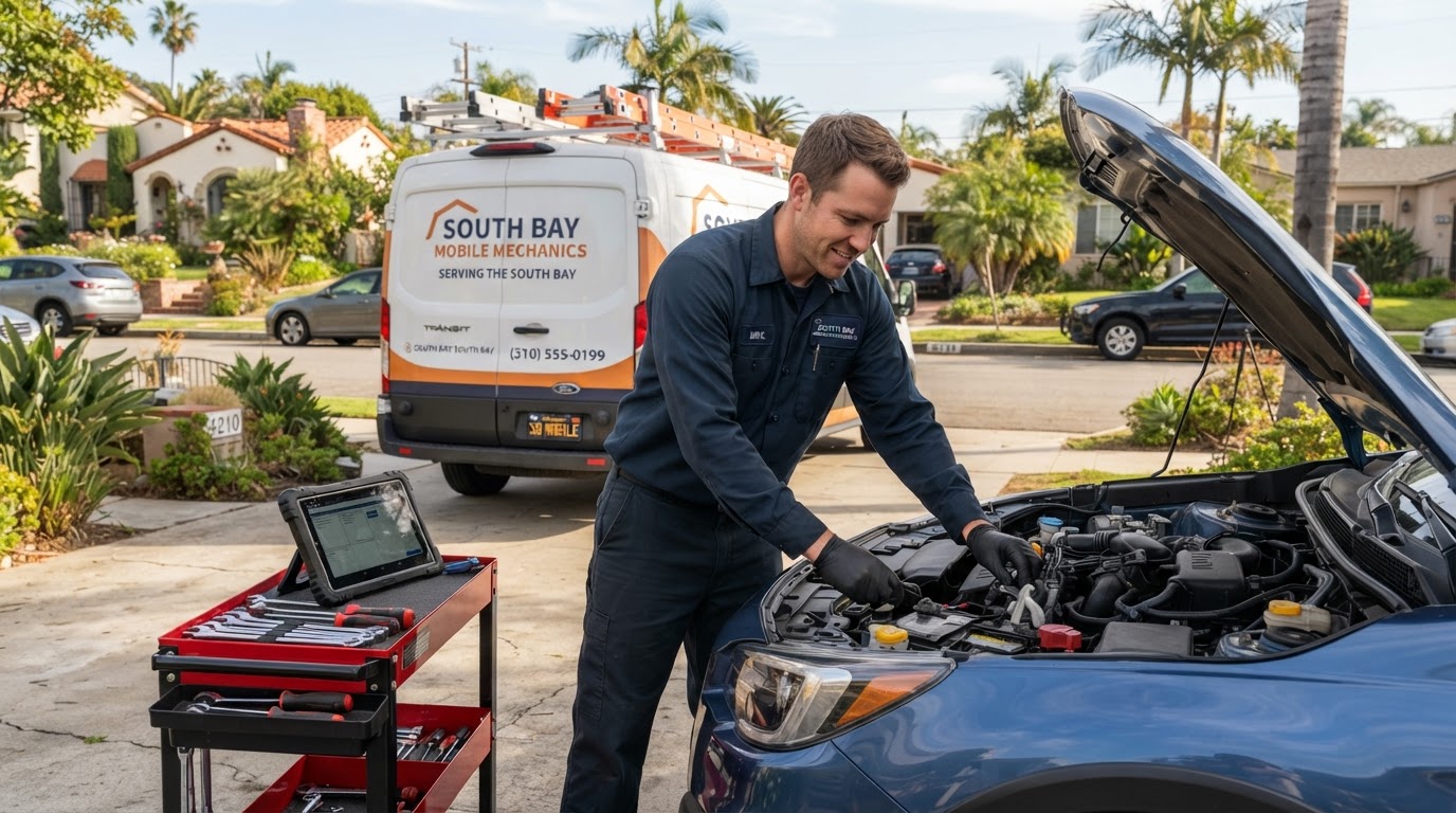 ASE-certified mobile mechanic working on a car in a Torrance driveway with a service van