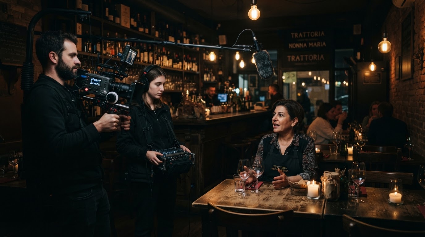 Film crew recording a local business owner inside their restaurant